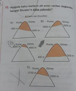 10. Aşağıda kalıcı karlarin alt sınırı verilen dağlardan
hangisi Ekvator'a daha yakındır?
Kalci kar (buzullar)
Güney
A) Kuzey
B) Kuzey
Güney
3200 m
2900 m
1800 m
1600 m
C)
Kuzey
5000 m
Kuzey
Güney
Güney
4800 m
500 m
400 m
Güney
E)
Kuzey
2700 m
2500 m