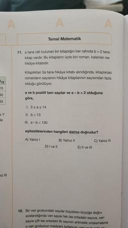 A
A
A
Temel Matematik
11. a tane rafı bulunan bir kitaplığın her rafında b+ 2 tane
kitap vardır. Bu kitapların üçte biri roman, kalanları ise
hikâye kitabıdır.
Kitaplıktan 5a tane hikâye kitabı alındığında, kitaplıktaki
romanların sayısının hikâye kitaplarının sayısından fazla
olduğu görülüyor.
5
15
30
15
a ve b pozitif tam sayılar ve a - b = 2 olduğuna
göre,
1. 3 sas 14
II. b < 13
2Y
le
III. a.b< 130
eşitsizliklerinden hangileri daima doğrudur?
A) Yalnız!
B) Yalnız II
C) Yalnız III
D) I ve II
E) II ve III
z III
12. Bir veri grubundaki sayılar küçükten büyüğe doğru
sıralandığında veri sayısı tek ise ortadaki sayıya, veri
sayısı çift ise ortadaki iki sayının aritmetik ortalamasına
o veri grubunun medyanı (ortancal yeri arubunda on
