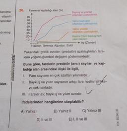 20.
Farelerin kapladığı alan (%)
Baykuş ve yılanlar
ortamdan uzaklaştırıldı.
llanılma-
vitamin
rafından
80
70
60
50
40
Yalnız baykuşlar
ortamdan uzaklaştırıldı.
+
dırılmış
30
20
10
Yalnız yılanlar
ortamdan uzaklaştırıldı.
Kontrol (Hem baykuş hem
yılan mevcut)
Ay (Zaman)
Haziran Temmuz Ağustos Eylül
r.
Yukarıdaki grafik avcıları (predatör) uzaklaştırılan fare-
lerin yoğunluğundaki değişimi göstermektedir.
KONDISYON SERİSİ
Buna göre, farelerin predatör (avci) sayıları ve kap-
ladığı alan arasındaki ilişki ile ilgili,
I. Fare sayısını en çok azaltan yılanlardır.
II. Baykuş ve yılan sayısının artışı fare neslini tehlike-
ye sokmaktadır.
lehiko
kler-
v
III. Fareler av; baykuş ve yılan avcıdır.
ifadelerinden hangilerine ulaşılabilir?
A) Yalnız
B) Yalnız II
C) Yalnız III
D) II ve III
E) I, II ve III
FEN BİLİMLERİ