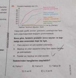 20.
Farelerin kapladığı alan (%)
Baykuş ve yılanlar
ortamdan uzaklaştırıldı.
llanılma-
vitamin
rafından
80
70
60
50
40
Yalnız baykuşlar
ortamdan uzaklaştırıldı.
+
dırılmış
30
20
10
Yalnız yılanlar
ortamdan uzaklaştırıldı.
Kontrol (Hem baykuş hem
yılan mevcut)
Ay (Zaman)
Haziran Temmuz Ağustos Eylül
r.
Yukarıdaki grafik avcıları (predatör) uzaklaştırılan fare-
lerin yoğunluğundaki değişimi göstermektedir.
KONDISYON SERİSİ
Buna göre, farelerin predatör (avci) sayıları ve kap-
ladığı alan arasındaki ilişki ile ilgili,
I. Fare sayısını en çok azaltan yılanlardır.
II. Baykuş ve yılan sayısının artışı fare neslini tehlike-
ye sokmaktadır.
lehiko
kler-
v
III. Fareler av; baykuş ve yılan avcıdır.
ifadelerinden hangilerine ulaşılabilir?
A) Yalnız
B) Yalnız II
C) Yalnız III
D) II ve III
E) I, II ve III
FEN BİLİMLERİ
