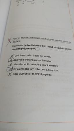 M
R
Aynı tür atomlardan oluşan saf maddeler element olarak ta-
nimlanır.
Elementlerin özellikleri ile ilgili olarak aşağıdaki bilgiler-
den hangisi
yanlıştır?
Belirli ayırt edici özellikleri vardır.
Bi Kimyasal yollarla ayrıştırılamazlar.
Her elementin sembolü kendine özeldir.
Dy Bir elementin tüm dillerdeki adı aynıdır.
E) Bazı elementler molekül yapılıdır.
DY