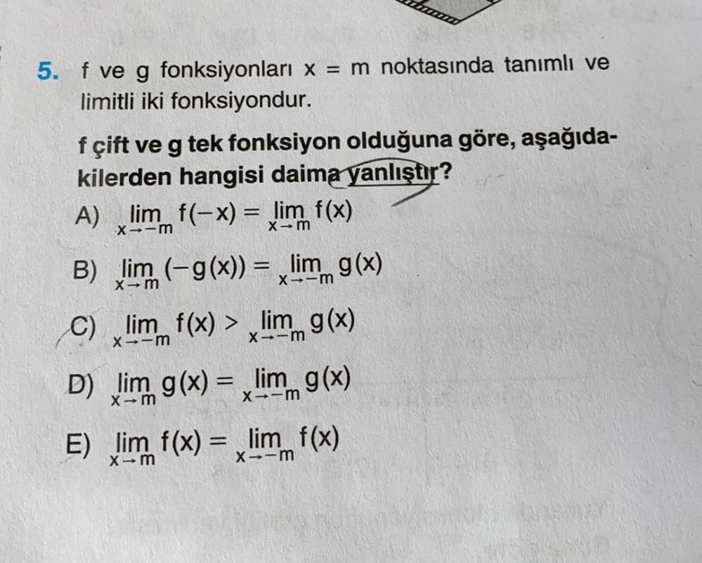 5. f ve g fonksiyonları x = m noktasında tanı... - Lise Matematik
