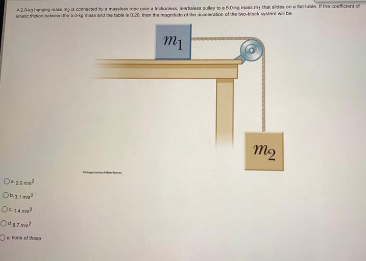 A 2.0-kg hanging mass m2 is connected by a massless rope over a frictionless, inertialess pulley to a 5.0-kg mass m1 that slides on a flat table. If the coefficient of
kinetic friction between the 5.0-kg mass and the table is 0.20, then the magnitude of the acceleration of the two-block system will be
M1
m2
Crong at
O a. 2.0 m/s2
Ob.3.1 m/s2
O c. 1.4 m/s2
O d. 8.7 m/s2
e. none of these