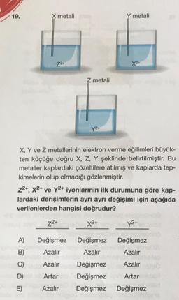 19.
X metali
Y metali
Z2+
X2+
Z metali
Y2+
X, Y ve Z metallerinin elektron verme eğilimleri büyük-
ten küçüğe doğru X, Z, Y şeklinde belirtilmiştir. Bu
metaller kaplardaki çözeltilere atılmış ve kaplarda tep-
kimelerin olup olmadığı gözlenmiştir.
z2+, x2+ ve Y2+ iyonlarının ilk durumuna göre kap-
lardaki derişimlerin ayrı ayrı değişimi için aşağıda
verilenlerden hangisi doğrudur?
22+
X2+
Y2+
A)
Değişmez
Değişmez
Değişmez
B)
Azalır
Azalır
Azalır
C)
Azalır
Değişmez
Azalır
D)
Artar
Artar
Değişmez
Değişmez
E)
Azalır
Değişmez
