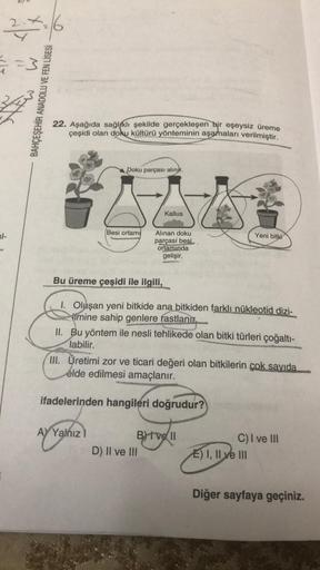 2x 16
U
BAHÇEŞEHİR ANADOLU VE FEN LİSESİ
22. Aşağıda sağl/klı şekilde gerçekleşen bir eşeysiz üreme
çeşidi olan doku kültürü yönteminin aşamaları verilmiştir.
Doku parçası alınır.
Kallus
Besi ortamı
ul-
Yeni bitki
Alinan doku
parçasi besi
ortamında
gelişir