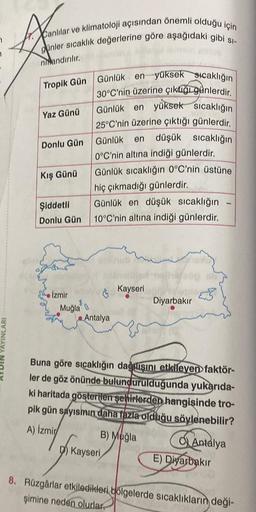 Canlılar ve klimatoloji açısından önemli olduğu için
günler sıcaklık değerlerine göre aşağıdaki gibi si-
ni andırılır.
Yaz Günü
düşük sıcaklığın
Tropik Gün Günlük en yüksek sıcaklığın
30°C'nin üzerine çıkuigi günlerdir.
Günlük en yüksek sıcaklığın
25°C'nin