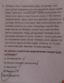 9. Hindistan cevizi, tropikal iklime sahip, bol güneşli, nem
oranı yüksek bölgelerde ve kumlu topraklarda yaygın olarak
yetişir. Ingilizcede "Coconut palm" olarak isimlendirilen Hin-
distan cevizi ağacının ticari türlerinin boyları 2730 metreye
ulaşabilmektedir. Ağacın telek tüyü şeklindeki yapraklarının
uzunluğu, 60-90 cm civarındadır. Bazı araştırmacılara göre
Hindistan cevizinin ana vatanı Güneydoğu Asya'dır. Bazı
araştırmacılar ise Hindistan cevizinin ana vatanının Ame-
rika'nın kuzeybatısı olduğu görüşündedir. Hindistan cevizi,
Arecaceae familyasının Cocos nucifera L. türüne giren bitki-
nin meyvelerine verilen isimdir. Hindistan cevizi ağaçları 5-6
yıllık olunca meyve vermeye başlar. Ortalama 12-13 yılda
en verimli hâle gelir. Meyveler 12 ayda olgunlaşır.
Bu parçanın anlatımında aşağıdakilerden hangisi kulla-
nilmamıştır?
A) Örneklendirme
B) Sayısal verilerden yararlanma
C) Benzetme
OT Aşıklama
E) Karşılaştırma