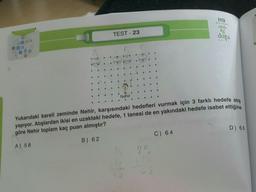 İTÜ
TAVARA
TEST-23
doga
30 24
puan puan
puan
3.
Nehir
Yukarıdaki kareli zeminde Nehir, karşısındaki hedefleri vurmak için 3 farklı hedefe atış
yapıyor. Atışlardan ikisi en uzaktaki hedefe, 1 tanesi de en yakındaki hedefe isabet ettiğine
göre Nehir toplam kaç puan almıştır?
D) 68
C) 64
B) 62
A) 58
23
