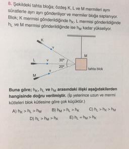 8. Şekildeki tahta bloğa; özdeş K, L ve M mermileri aynı
süratlerle ayrı ayrı gönderiliyor ve mermiler bloğa saplanıyor.
Blok; K mermisi gönderildiğinde hk, L mermisi gönderildiğinde
hı ve M mermisi gönderildiğinde ise hm kadar yükseliyor.
K
V
M
L
V
30°
200
tahta blok
M
Buna göre; hk, h_ ve hm arasındaki ilişki aşağıdakilerden
hangisinde doğru verilmiştir. (İp yeterince uzun ve mermi
kütleleri blok kütlesine göre çok küçüktür.)
A) hk > h_ > M B) hm > h1 > hk C) h_ >hk >hM
D) h_ > hm > hk E) h_ = hm > hk