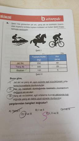 BİLİMLERİ
8.
b KİTAPÇIĞI
Şekil l'de gösterilen jet ski, yarış atı ve bisikletin üzerin-
deki kişilerle birlikte toplam kütleleri ve hızları Şekil il'deki
tabloda verilmiştir.
Şekil 1
Toplam Kütle
(kg)
250
Hiz
(m/s)
40
Jet Ski
Yarış Ati
Bisiklet
500
20
100
Şekil 11
Buna göre,
1. Jet ski ve yarış atı, aynı sürede eşit büyüklükteki orta-
lama kuvvetlerle durdurulurlar.
II. Her üç hareketli durduğunda bisikletin momentum
değişimi en az olur.
III. Yarış atı ve bisiklet, eşit ortalama kuvvet etkisinde kal-
dığında yarış atı daha uzun sürede durdurulur.
yargılarından hangileri doğrudur?
B) I ve II
C về TT
A) Yalnız 1
D) Ive III
E) I, II ve III