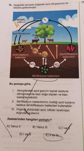 17
16. Aşağıdaki şemada doğadaki azot döngüsünün bir
bölümü gösterilmiştir.
Şimşek,
yıldırım
N2
Azot fiksasyonu
Organik
atik
[
NHA
NO,
Azot bağlayıcı
bakteriler
Denitrifikasyon
bakierileri
11
NH3
NO
Nitrifikasyon bakterileri
Bu şemaya göre,
I. Atmosferdeki