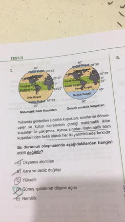 TEST-11
8.
90°
soğuk Kuşak 68°30'
lu Kusak
90°
Kutup Kuşak 66°33'
5.
30°30'
0°
27°
23°27'
48°
23°27'
Tropikal Kusak
Sicak Kuşes
0°
Tropikal Kuşak
Srcak Kuşak
llima Kuşak
Orta Kuşak
Soğuk Kuşak
Kütup Rusak 66°33'
90°
90°
Gerçek sıcaklık kuşakları
Matematik iklim Kuşakları
Yukarıda gösterilen sıcaklık kuşakları, sınırlarını dönen-
celer ve kutup dairelerinin çizdiği matematik iklim
kuşakları ile çakışmaz. Ayrıca sınırları matematik iklim
kuşaklarından farklı olarak her iki yarımkürede farklıdır.
Bu durumun oluşmasında aşağıdakilerden hangisi
etkili değildir?
A) Okyanus akıntıları
B) Kara ve deniz dağılışı
C) Yükselti
Güneş ışınlarının düşme açısı
E) Nemlilik
