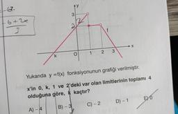 Ay
1-62.
3
6+ 2x
3
f
→X
3
2.
O
1
k
Yukarıda y =f(x) fonksiyonunun grafiği verilmiştir.
x'in 0, k, 1 ve 2'deki var olan limitlerinin toplamı 4
olduğuna göre, k kaçtır?
EYO
D) -1
C) - 2
B) - 3
-
A) - 4
