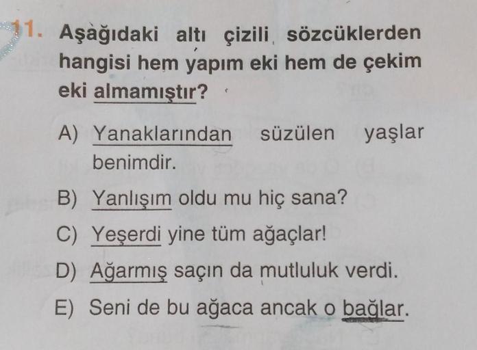 1. Aşağıdaki altı çizili sözcüklerden
hangisi hem yapım eki hem de çekim
eki almamıştır?
A) Yanaklarından süzülen yaşlar
benimdir.
B) Yanlışım oldu mu hiç sana?
C) Yeşerdi yine tüm ağaçlar!
D) Ağarmış saçın da mutluluk verdi.
E) Seni de bu ağaca ancak o ba