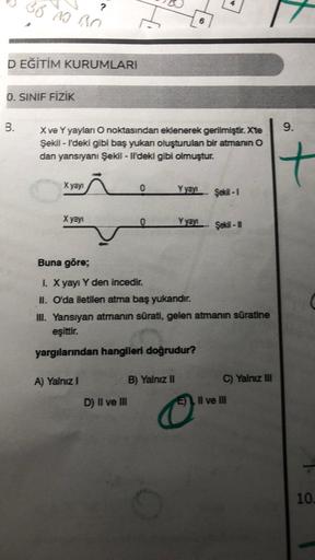 BB AS BO
?
8
D EĞİTİM KURUMLARI
0. SINIF FİZİK
B.
9.
X ve Yyaylan O noktasından eklenerek gerilmiştir. Xte
Şekil - F'deki gibi baş yukan oluşturulan bir atmanın o
dan yansıyanı Şekil - Il'deki gibi olmuştur.
X yayi
0
Şeki -
X yayı
0
Yyayı- Şids
Buna göre;