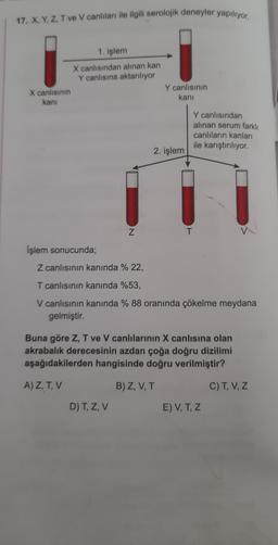 17. X, Y, Z. T ve V canlıları ile ilgili serolojik deneyler yapılıyor
1. işlem
X canlısından alınan kan
Y canlısına aktarılıyor
X canlisinin
kani
Y canlisinin
kani
Y canlısından
alınan serum farklı
canlıların kanları
ile karıştırılıyor.
2. işlem
Z
T
İşlem sonucunda;
Z canlısının kanında % 22,
T canlısının kanında %53,
V canlısının kanında % 88 oranında çökelme meydana
gelmiştir.
Buna göre Z, T ve V canlılarının X canlısına olan
akrabalık derecesinin azdan çoğa doğru dizilimi
aşağıdakilerden hangisinde doğru verilmiştir?
A) Z, T, V
B) Z, V,T
C) T, V, Z
D) T, Z, V
E) VT, Z