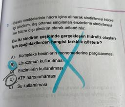 7.
Besin maddelerinin hücre içine alınarak sindirilmesi hücre
ise hücre dışı sindirim olarak adlandırılır.
içi sindirim, dış ortama salgılanan enzimlerle sindirilmesi
için aşağıdakilerden hangisi farklılık gösterir?
Bu iki sindirim çeşidinde gerçekleşen hidroliz olayları
A) Kompleks besinlerin monomerlerine parçalanması
B) Lizozomun kullanılması
Enzimlerin kullanılması
D) ATP harcanmaması
E) Su kullanılması
in od
igns non tipsyon