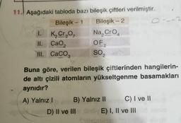 2
11. Aşağıdaki tabloda bazı bileşik çiftleri verilmiştir.
Bileşik - 1 Bileşik - 2
1. K, Cr,
, Na, Cro
II.
||. CaO,
OF
III. CaCO3
2
SO2
Buna göre, verilen bileşik çiftlerinden hangilerin-
de altı çizili atomların yükseltgenme basamakları
aynıdır?
A) Yalnız! B) Yalnız II C) I ve 11
D) II ve III E) I, II ve III
