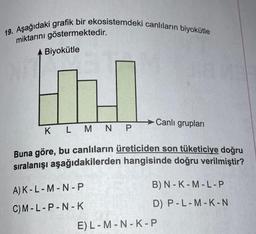 19. Aşağıdaki grafik bir ekosistemdeki canlıların biyokütle
miktarını göstermektedir.
A Biyokütle
Canlı grupları
K L M N
P
Buna göre, bu canlıların üreticiden son tüketiciye doğru
sıralanışı aşağıdakilerden hangisinde doğru verilmiştir?
B) N-K-M-L-P
A) K-L-M-N-P
C)M-L-P-N-K
D) P-L-M-K-N
EL-M-N-K-P
