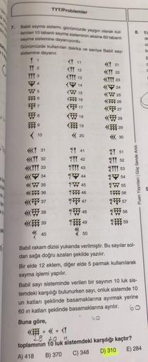 TYTIProblemler
7
8.
E
de
E
T 1
Batil sayma sistert, gunumuzde yaygın olarak kur
lanılan 10 tabanlı sayma sisteminin aksine 80 tabanlı
sayma sistemine dayanıyordu.
Gonumuzde kullanılan dakika ve saniye Babil say
sistemine dayanur.
<T 11
<<T 21
YT 2
KIT 12
<