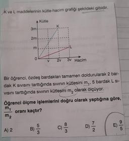 k ve L maddelerinin kütle-hacim grafiği şekildeki gibidir.
Kütle
K
3m
2m
m
O
V
2v
3V Hacim
Bir öğrenci, özdeş bardakları tamamen doldurularak 2 bar-
dak K sivisini tarttığında sivinin kütlesini mq, 5 bardak L Si-
visini tarttığında sıvının kütlesini ma olarak ölçüyor.
Öğrenci ölçme işlemlerini doğru olarak yaptığına göre,
my
oranı kaçtır?
m2
5
D)
E)
A) 2
B)
C)
3
