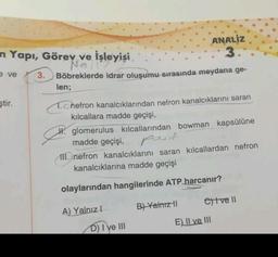 ANALİZ
n Yapı, Görev ve İşleyişi.
3.
Noit
3. Böbreklerde idrar oluşumu sırasında meydana ge-
len;
ve
ştir.
T.Cnefron kanalcıklarından nefron kanalcıklarını saran
kılcallara madde geçişi,
#. glomerulus kılcallarından bowman kapsülüne
madde geçişi,
III. nefron kanalcıklarını saran kılcallardan nefron
kanalcıklarına madde geçişi
pasif
olaylarından hangilerinde ATP harcanır?
B) Yalnız!
eltve II
A) Yalnız !
E) Il ve III
D) I ve III
