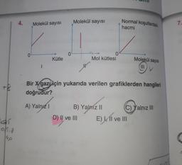 4.
Molekül sayısı
Normal koşullardaki
Molekül sayısı
7.
hacmi
0
0
0
Mol kütlesi
Kütle
Molekül sayısı
Bir Xgazwiçin yukarıda verilen grafiklerden hangileri
doğrudur?
A) Yalnız
B) Yalniz 11
C) Yalnız III
©
E) kil ve III
D) II ve III
chic
149
