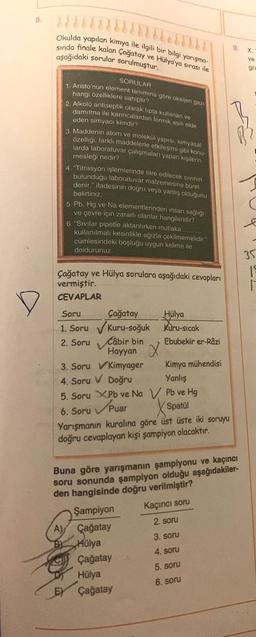 8
Okulda yapılan kimya ile ilgili bir bilgi yarışma-
sinda finale kalan Çağatay ve Hülya'ya sırası ile
9
aşağıdaki sorular sorulmuştur.
X
ve
gra
SORULAR
1. Aristo'nun element lanımına göre oksijen gazı
hangi özelliklere sahiptir?
2. Alkolu antiseptik olarak tipta kullanan ve
damitma ile karıncalardan formik asiti elde
eden simyacı kimdir?
3. Maddenin atom ve molekül yapısı, kimyasal
özelligi, farklı maddelerle etkileşimi gibi konu-
larda laboratuvar çalışmaları yapan kişilerin
mesleği nedir?
4. "Titrasyon işlemlerinde titre edilecek sivinin
bulundugu laboratuvar malzemesine büret
denir." ifadesinin doğru veya yanlış olduğunu
belirtiniz.
5. Pb, Hg ve Na elementlerinden insan saglığı
ve çevre için zararlı olanlar hangileridir?
6. Sivilar pipetle aktarılırken mutlaka
kullanılmalı kesinlikle ağızla çekilmemelidir."
cümlesindeki boşluğu uygun kelime ile
doldurunuz.
35
19
Çağatay ve Hülya sorulara aşağıdaki cevapları
vermiştir.
CEVAPLAR
Soru Çağatay
Hülya
1. Soru Kuru-soğuk Kuru-sicak
2. Soru Câbir bin
Ebubekir er-Razi
Hayyan x
3. Soru v Kimyager Kimya mühendisi
4. Soru v Doğru
Yanlış
5. Soru XPb ve Na V Pb ve Hg
6. Soru
| Spatul
Yarışmanın kuralına göre üst üste iki soruyu
doğru cevaplayan kişi şampiyon olacaktır.
Spuar
Buna göre yarışmanın şampiyonu ve kaçıncı
soru sonunda şampiyon olduğu aşağıdakiler-
den hangisinde doğru verilmiştir?
Şampiyon
Kaçıncı soru
A) Çağatay
2. soru
Hülya
3. soru
Çağatay
4. soru
Hülya
5. soru
EY Çağatay
6. soru
