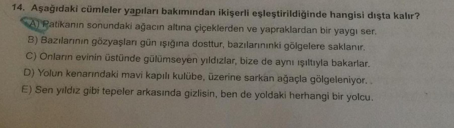 14. Aşağıdaki cümleler yapıları bakımından ikişerli eşleştirildiğinde hangisi dışta kalır?
A) Patikanın sonundaki ağacın altına çiçeklerden ve yapraklardan bir yaygı ser.
B) Bazılarının gözyaşları gün işığına dosttur, bazılarınınki gölgelere saklanır.
C) O