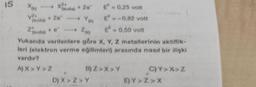 15
X2
2.
xuda 20 -0,25 volt
26-Y
E-0,82 volt
Zoday to
E-0,50 volt
Yukanda verilenlere göre X, Y, Z metallerinin aktiflik
leri (elektron verme eğilimleri) arasinda nasıl bir iliski
vardir?
A)X = Y Z
B) Z>X>Y
C)Y>>
D) X >>Y
E) Y > ZX
