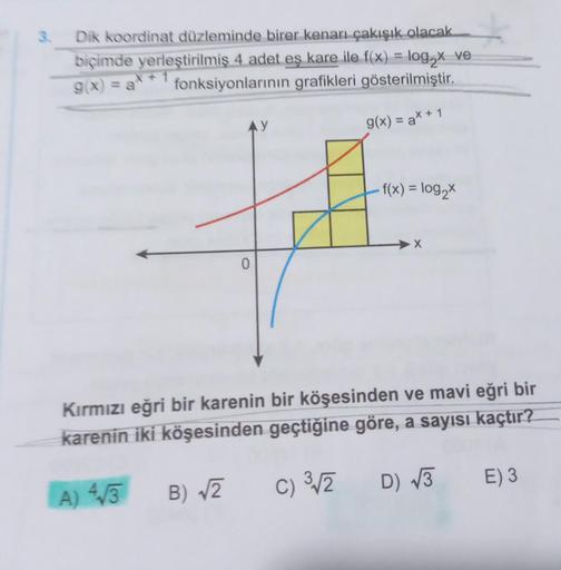 3.
Dik koordinat düzleminde birer kenarı çakışık olacak
biçimde yerleştirilmiş 4 adet eş kare ile f(x) = log x ve
gix) = a1 + 1 fonksiyonlarının grafikleri gösterilmiştir. .
AY
g(x) = ax + 1
f(x) = log2x
X
0
Kırmızı eğri bir karenin bir köşesinden ve mavi 