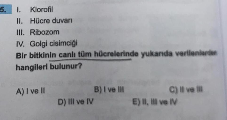 5. 1. Klorofil II. Hücre duvarı III. Ribozom IV. Go… Biyoloji 5. 1. Klorofil II. Hücre duvarı III. Ribozom IV. Go… Biyoloji