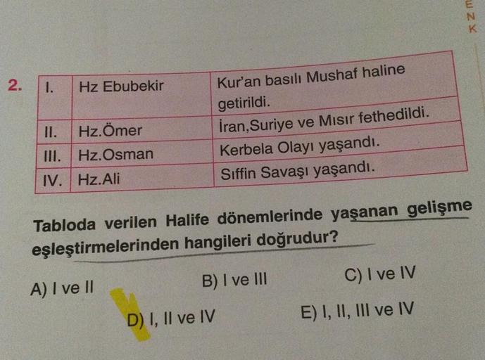 W zx
2.
1.
Hz Ebubekir
II. Hz.Ömer
III. Hz. Osman
IV. Hz.Ali
Kur'an basılı Mushaf haline
getirildi.
İran, Suriye ve Mısır fethedildi.
Kerbela Olayı yaşandı.
Siffin Savaşı yaşandı.
Tabloda verilen Halife dönemlerinde yaşanan gelişme
eşleştirmelerinden hangi