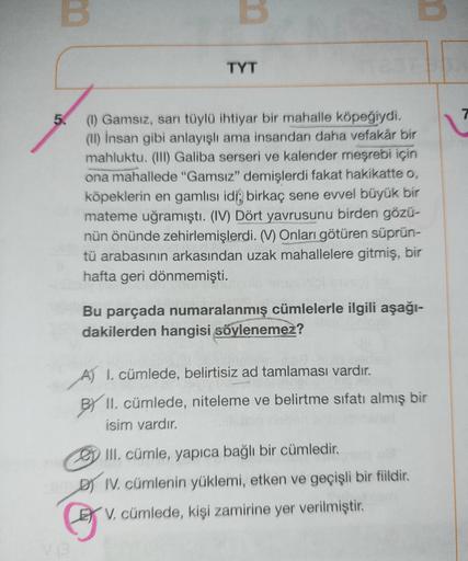 TYT
1
5.
(1) Gamsız, sarı tüylü ihtiyar bir mahalle köpeğiydi.
(II) İnsan gibi anlayışlı ama insandan daha vefakâr bir
mahluktu. (ili) Galiba serseri ve kalender meşrebi için
ona mahallede "Gamsız" demişlerdi fakat hakikatte o,
köpeklerin en gamlısı idi, b