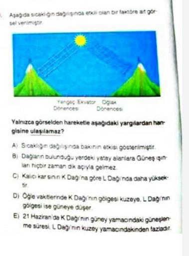 #Asagida scaki indagina esan bir takste at gør
set verilmiştir
vorges Exato ogas
Derecer Dorences
Yalnızca görselden hareketle aşağıdaki yargılardan har
gisine ulaşılamaz?
A Scaligin dağılışında bakinin eks gosterimiştir
B. Dagların bulunduğu yerdek yatay