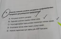 8.
Insanda mekanik sindirim yavaşlarsa aşağıdakilerden
hangisinin gerçekleşmesi beklenemez?
A) Kimyasal sindirim yavaşlar.
B) Dışkıdaki polimer madde miktarı artar.
C) İnce bağırsaktan kana emilen monomer miktarı azalır.
D) Enzimlerle temas eden besin yüzeyi azalır.
E) Hidroliz tepkimesi için daha çok ATP harcanır.