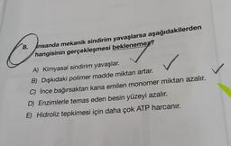 8.
Insanda mekanik sindirim yavaşlarsa aşağıdakilerden
hangisinin gerçekleşmesi beklenemez?
A) Kimyasal sindirim yavaşlar.
B) Dışkıdaki polimer madde miktarı artar.
C) İnce bağırsaktan kana emilen monomer miktarı azalır.
D) Enzimlerle temas eden besin yüzeyi azalır.
E) Hidroliz tepkimesi için daha çok ATP harcanır.
