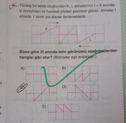 -
Türdeş bir telde oluşturulan K, L atmalarının t = 0 anında-
ki konumları ve hareket yönleri şekildeki gibidir. Atmalar t
sürede 1 birim yol alarak ilerlemektedir.
K
Buna göre 2t anında telin görünümü aşağıdakilerden
hangisi gibi olur? (Bölmeler eşit aralıklıdır.)
A)
B)
u
st
D)
E)
w
