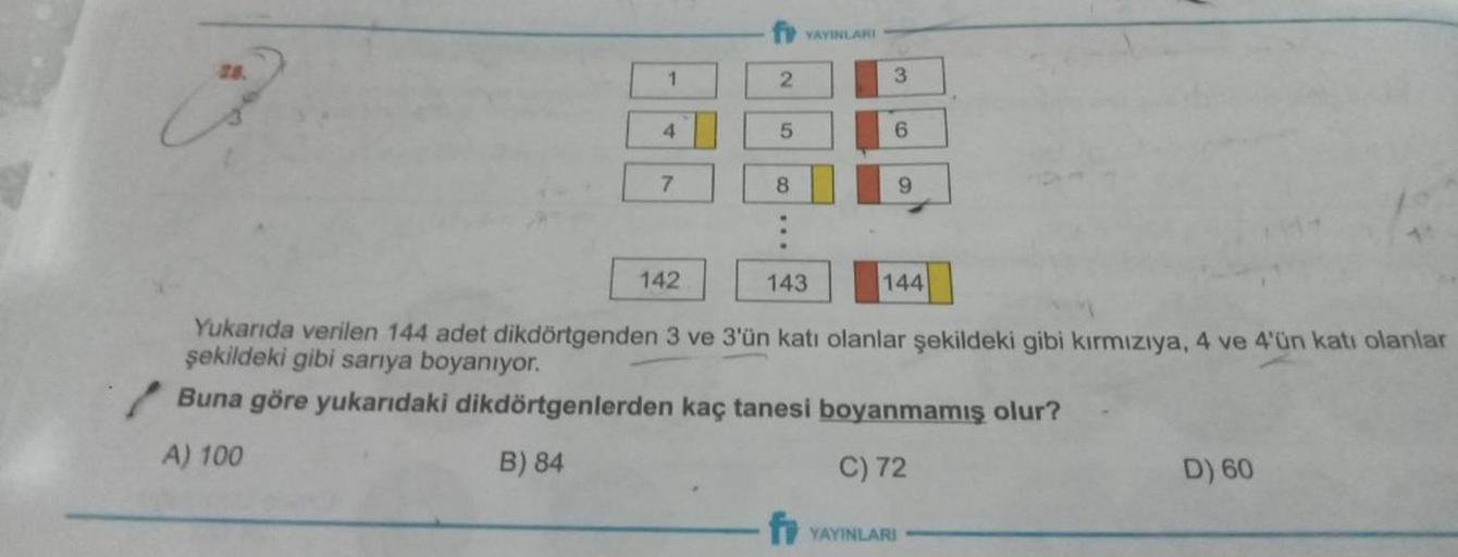 f YAYINLARI
18.
1
2
3
4
5
6
7
8
9
142
143
1144
Yukarıda verilen 144 adet dikdörtgenden 3 ve 3'ün katı olanlar şekildeki gibi kırmızıya, 4 ve 4'ün katı olanlar
şekildeki gibi sarıya boyanıyor.
Buna göre yukarıdaki dikdörtgenlerden kaç tanesi boyanmamış olur