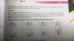 Test 2
Fiilimsiler
1
2
n
9. Filden türetilen, olumsuzu “-mal-me” ile yapılabilen; isim-fil, sifat-fill, zarf-fil vb. türleri bulunan, fillere gelerek
"jsim, sıfat ve zarf" görevinde kullanılan sözcüklere filimsi denir.
Buna göre;
Tiflis, vadi boyunca uzayıp giden bir kent görünümünde. Kura Irmağı'nın Tiflis'i ikiyi bölmesi Tiflis'e ayrı bir hava
katmış. Eski Tiflis başlı başına bir uygarlık anıtı gibi kente değer katar. Yirmi yıl öncesine göre önemli değişiklikler
olmuş, kent büyümüş. nüfus çoğalmış ama kent güzelliğinden hiçbir şey yitirmemiş. Niye bizim kentlerimizde aynı
şey olmuyor diye soruyorum kendi kendime.
metnindeki fiilimsilerin sayısı ile ilgili verilen aşağıdaki grafiklerden hangisi doğrudur?
D)
B)
sim-fiil
Sifat-fiil
Zarf-fiil
A)
İsim-fil
Sifat-fiil
Zarf-fiil
sim-fiil
Sifat-fiil
Zarf-fiil
Isim-fiil
Sifat-fiil
Zarf-fiil
olma
5
5
5
5
4
4
4
4
3+
3
3
3
2
2
2
2
1
1
1
0-
1
0-
0
0
hlamlar katabilir.
