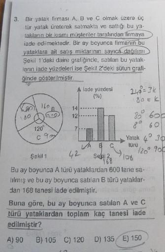 3. Bir yatak firması A, B ve C olmak üzere üç
tür yatak üreterek satmakta ve sattığı bu ya-
takların bir kısmı müşteriler tarafından firmaya
iade edilmektedir. Bir ay boyunca firmanın bu
yataklara ait satış miktarının sayıca dağılımı
Şekil 1'deki daire gra