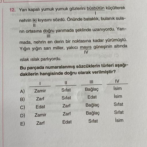 12. Yarı kapalı yumuk yumuk gözlerini büsbütün küçülterek
nehrin iki kıyısını sözdü. Önünde bataklık, bulanık sula-
11
rin ortasına doğru yarımada şeklinde uzanıyordu. Yari-
mada, nehrin en derin bir noktasına kadar yürümüştü.
Yığın yığın sarı miller, yakı