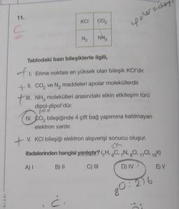 11.
KCI
CO,
C
opererades
JI
N2
NN
Tablodaki bazı bileşiklerle ilgili,
fu 1. Erime noktası en yüksek olan bileşik KCP'dir.
+ II. co, ve N, maddeleri apolar moleküllerdir.
.
+ II. NH, molekülleri arasındaki etkin etkileşim türü
dipol-dipol'dür.
IV. ¢o, bileşiğinde 4 çift bağ yapımına katılmayan
elektron vardır.
XIII
+ V. KCl bileşiği elektron alışverişi sonucu oluşur.
ifadelerinden hangisi yanlıştır? GH, 6C, „N, 20, 17C1, 19)
A)
B) 11
C) III
D) IV
E) V
80:256
NLARI
Ć
