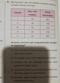 6. Beş hayvanın; boy, kilo endeksi ve günlük enerji har.
camaları tabloda verilmiştir.
Boy / kilo
Canlılar
Enerji
harcamalari
endeksi
I.
25
361
na
II.
35
130
III.
52
124
IV
20
516
V.
35
361
de
Numaralı canlılarla ilgili aşağıdakilerden hangisi-
ne ulaşılamaz?
A) Il ve V numaralı canlıların almaları gereken günlük
besin miktarı farklıdır.
B) IV numaralı canlı en hızlı metabolizmaya sahiptir.
C) Canlıların boy, kilo endeksiyle harcanan enerji
arasında bir bağıntı yoktur.
AYDIN YAYINLARI
D) Ill numaralı canlinin en az enerji harcamasının ne-
deni depo yağlarının fazla olmasıdır.
E) Harcanan enerji miktarları boy ve kilo endeksi
hakkında bilgi vermez.
ler-