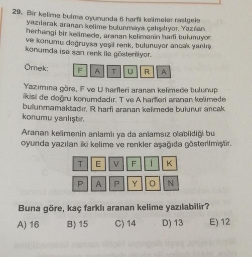 29. Bir kelime bulma oyununda 6 harfli kelime... - Lise Matematik