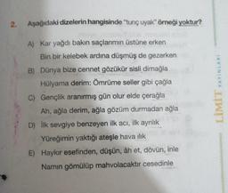 2.
Aşağıdaki dizelerin hangisinde “tunç uyak" örneği yoktur?
A) Kar yağdı bakın saçlarımın üstüne erken
Bin bir kelebek ardına düşmüş de gezerken
B) Dünya bize cennet gözükür sisli dimağla
Hülyama derim: Ömrüme seller gibi çağla
C) Gençlik aranırmış gün olur elde çerağla
Ah, ağla derim, ağla gözüm durmadan ağla
D) ilk sevgiye benzeyen ilk acı, ilk ayrılık
Yüreğimin yaktığı ateşle hava ilik
E) Haykır esefinden, düşün, âh et, dövün, inle
Namin gömülüp mahvolacaktir cesedinle
LİMİT YAYINLARI