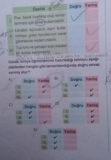 95
Özellik
temi
Doğru Yanlış
1.
Pas, bazik özellikte olup temiz-
lenmesi için sirke kullanılabilir
6
Lavabo açıcıların aşırı kulla-
II. nilması gider borularının zarar
görmesine neden olabilir.
Tuz ruhu ve çamaşır suyu kutuları
bir arada saklanabilir.
6( b