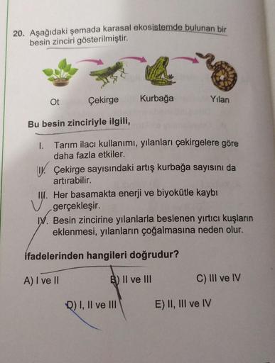 20. Aşağıdaki şemada karasal ekosistemde bulunan bir
besin zinciri gösterilmiştir.
Ot
Çekirge
Kurbağa
Yılan
Bu besin zinciriyle ilgili,
1. Tarım ilacı kullanımı, yılanları çekirgelere göre
daha fazla etkiler.
UV. Çekirge sayısındaki artış kurbağa sayısını
