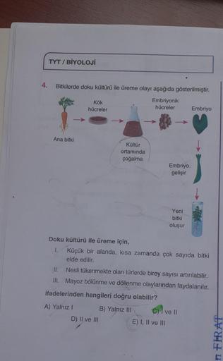 TYT / BİYOLOJİ
4.
Bitkilerde doku kültürü ile üreme olayı aşağıda gösterilmiştir.
Kök
hücreler
Embriyonik
hücreler
Embriyo
Ana bitki
Kültür
ortamında
çoğalma
Embriyo
gelişir
Yeni
bitki
oluşur
Doku kültürü ile üreme için,
1.
Küçük bir alanda, kısa zamanda ç