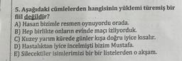 5. Aşağıdaki cümlelerden hangisinin yüklemi türemiş bir
fiil değildir?
A) Hasan bizimle resmen oynuyordu orada.
B) Hep birlikte onların evinde maçı izliyorduk.
C) Kuzey yarım kürede günler kışa doğru iyice kısalır.
D) Hastalıktan iyice incelmişti bizim Mustafa.
E) Silecektiler isimlerimizi bir bir listelerden o akşam.
